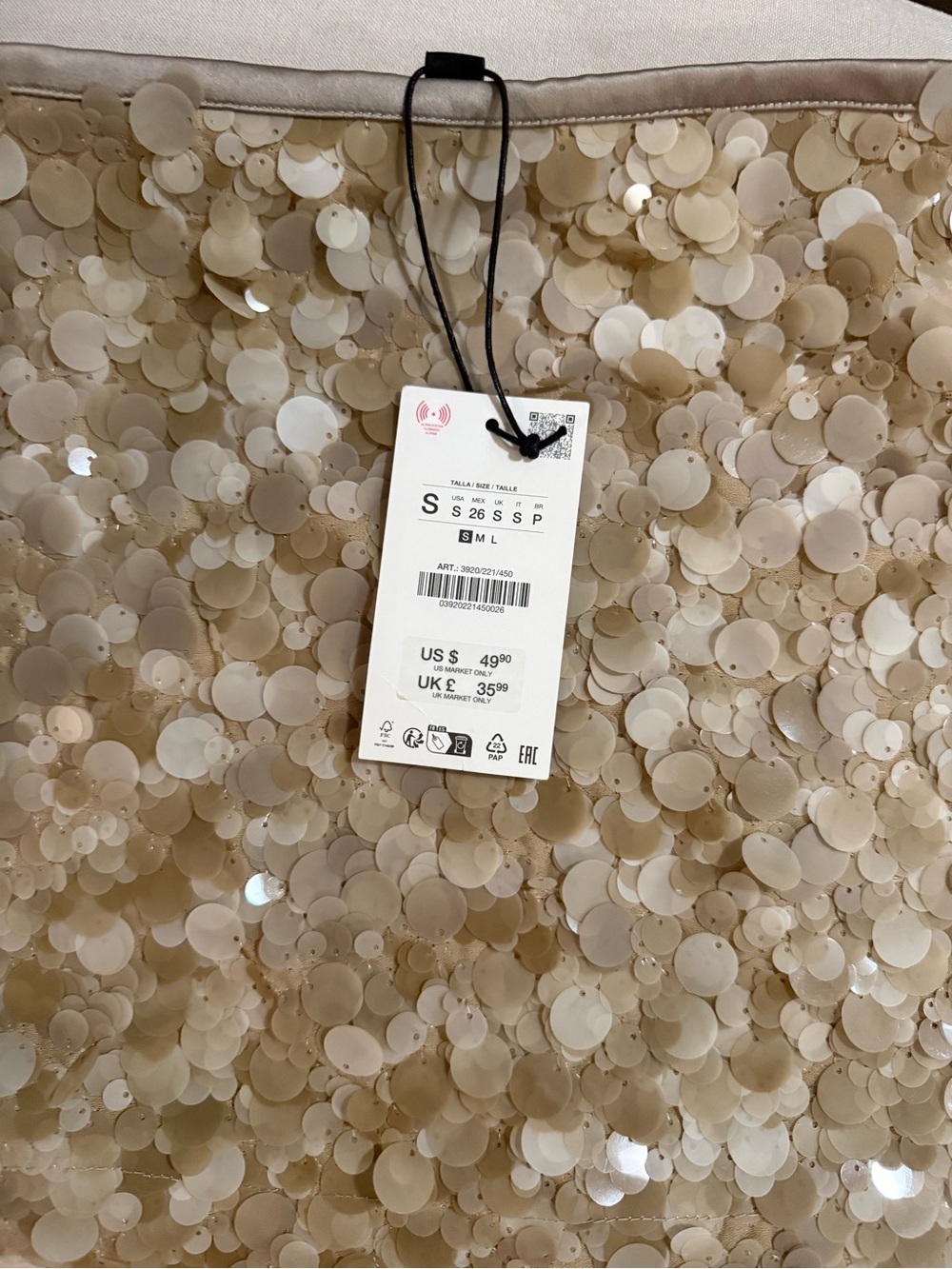 NWT - ZARA Ibiza sequin mini skirt in a cream or pearl beige color - Picture 2 of 3